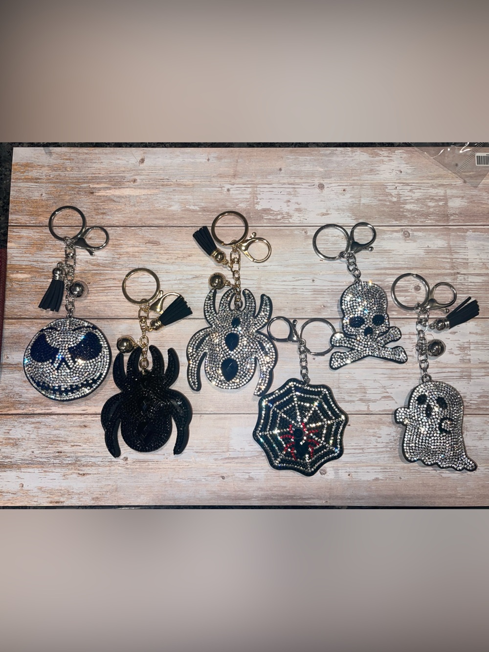 Rhinestone puffed Skull & Spiders Keychain Bag Charm with Tassel